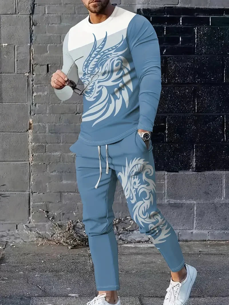 Spring And Fall Men's Long Sleeve Pant 2pcs Sets Red And Blue Striped 3D Print Man Set Everyday Fashion Men Long Sleeved T-shirt