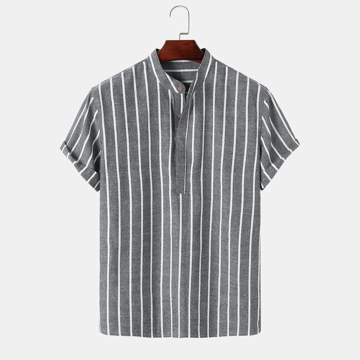 Men Fashion Striped Shirt Short Sleeve Casual Linen Shirts Tops Male Formal Social t-Shirts Stand-Up Collar Shirts Man Clothes