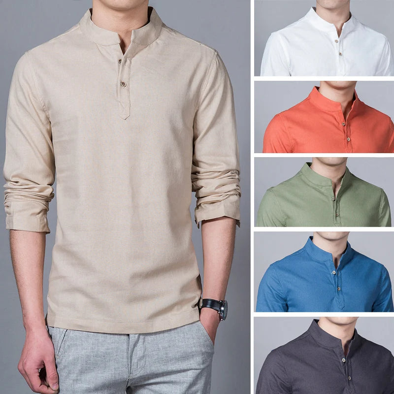 Men's Clothing  Men Spring Tops & Tees Male Fashion T-Shirts Stand Collar Long-sleeved Slim Base Shirt Homme Linen t-shirt