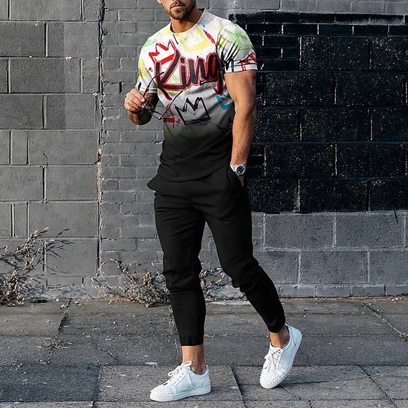 King Letter 3D Print T-Shirts Sweatpants Sets Men's Fashion Tracksuit Oversized Short Sleeve T Shirt Trousers Set Suits Clothing