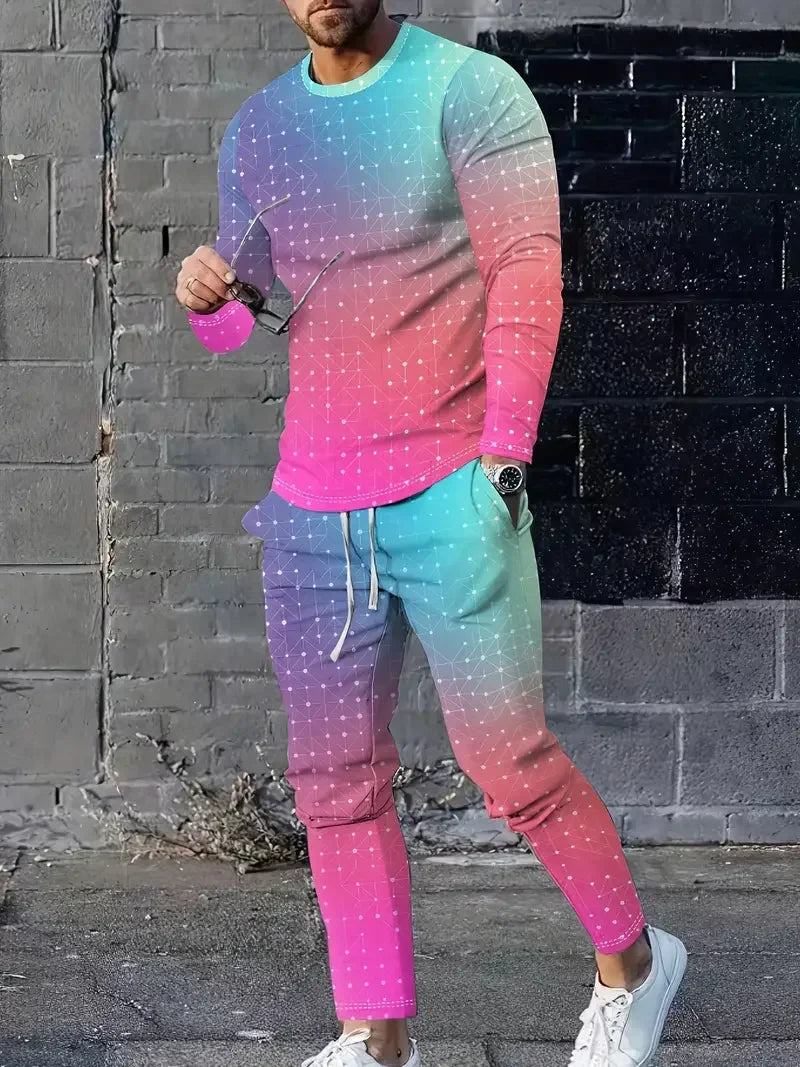 Spring And Fall Men's Long Sleeve Pant 2pcs Sets Red And Blue Striped 3D Print Man Set Everyday Fashion Men Long Sleeved T-shirt