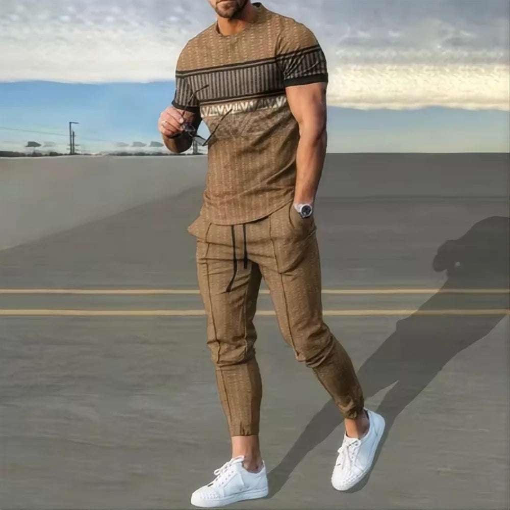 Summer men's sportswear set short sleeved T-shirt long pants two-piece set men's sportswear 3D printed casual trend oversized