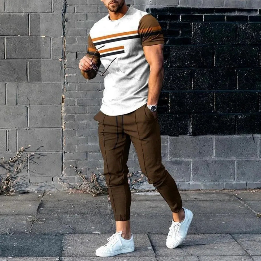 Summer Men's Fashion Gradient Splicing Printed Soft and Breathable Round Neck T-shirt Pants Set Outdoor Casual Clothing