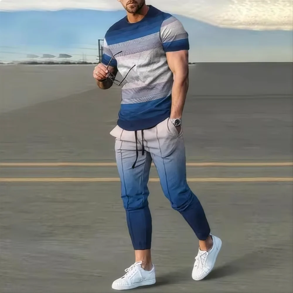 Summer men's sportswear set short sleeved T-shirt long pants two-piece set men's sportswear 3D printed casual trend oversized