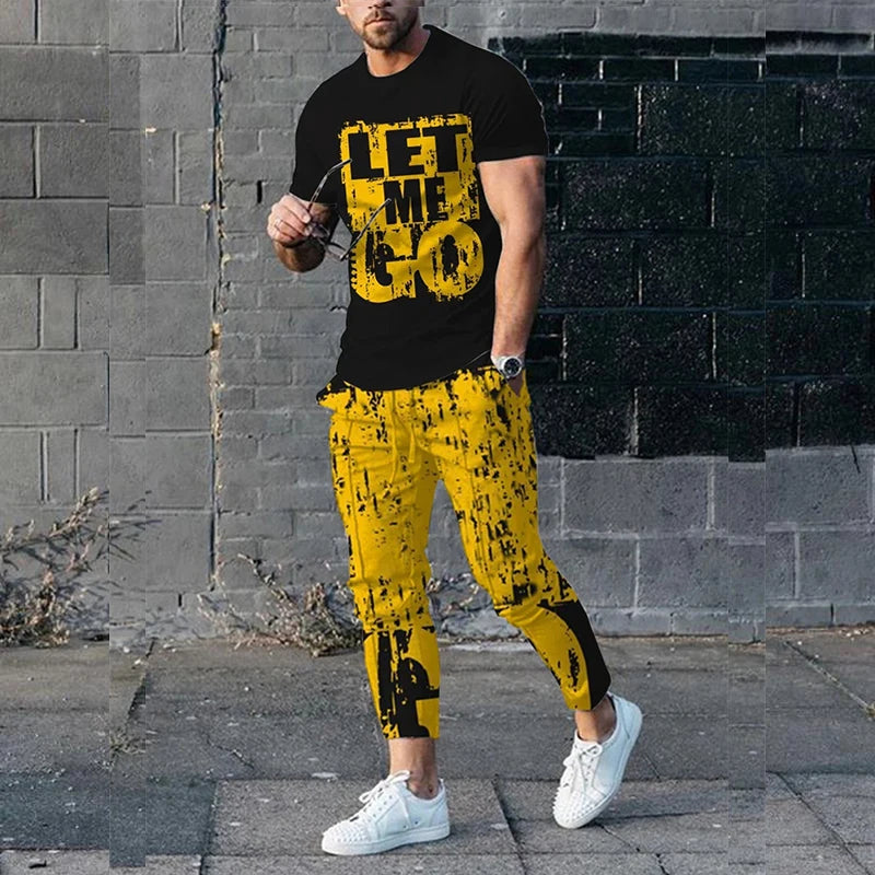 King Letter 3D Print T-Shirts Sweatpants Sets Men's Fashion Tracksuit Oversized Short Sleeve T Shirt Trousers Set Suits Clothing