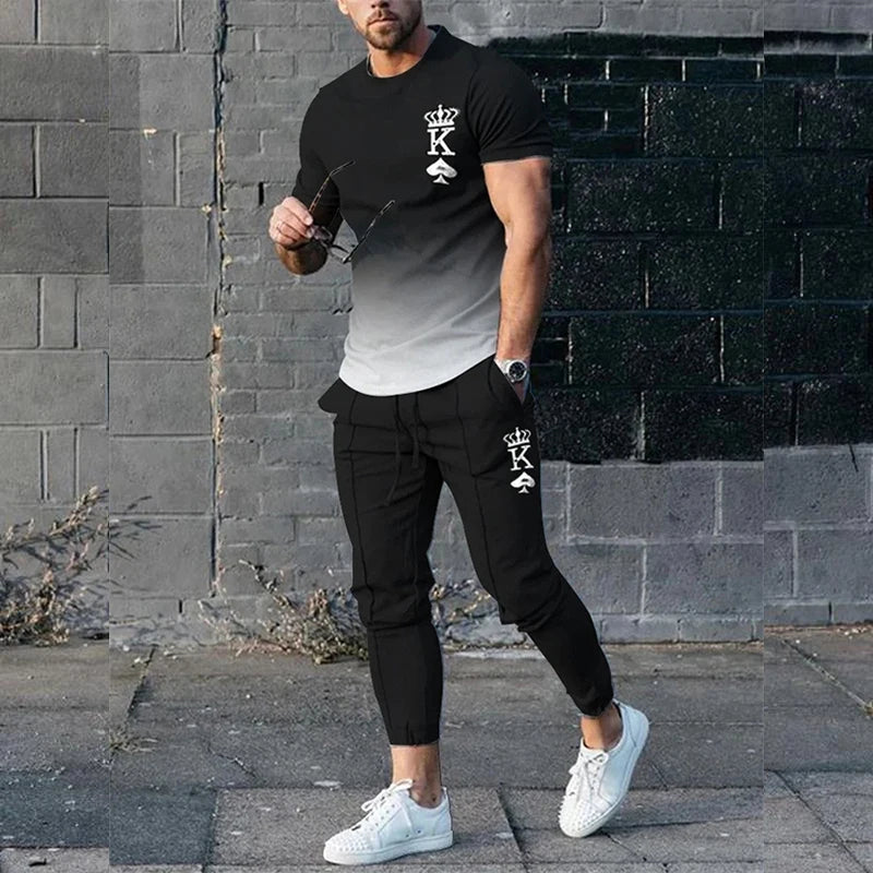 King Letter 3D Print T-Shirts Sweatpants Sets Men's Fashion Tracksuit Oversized Short Sleeve T Shirt Trousers Set Suits Clothing