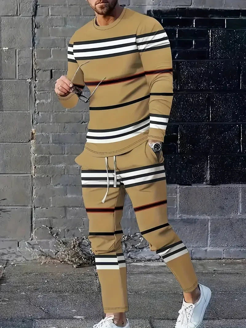 Spring And Fall Men's Long Sleeve Pant 2pcs Sets Red And Blue Striped 3D Print Man Set Everyday Fashion Men Long Sleeved T-shirt