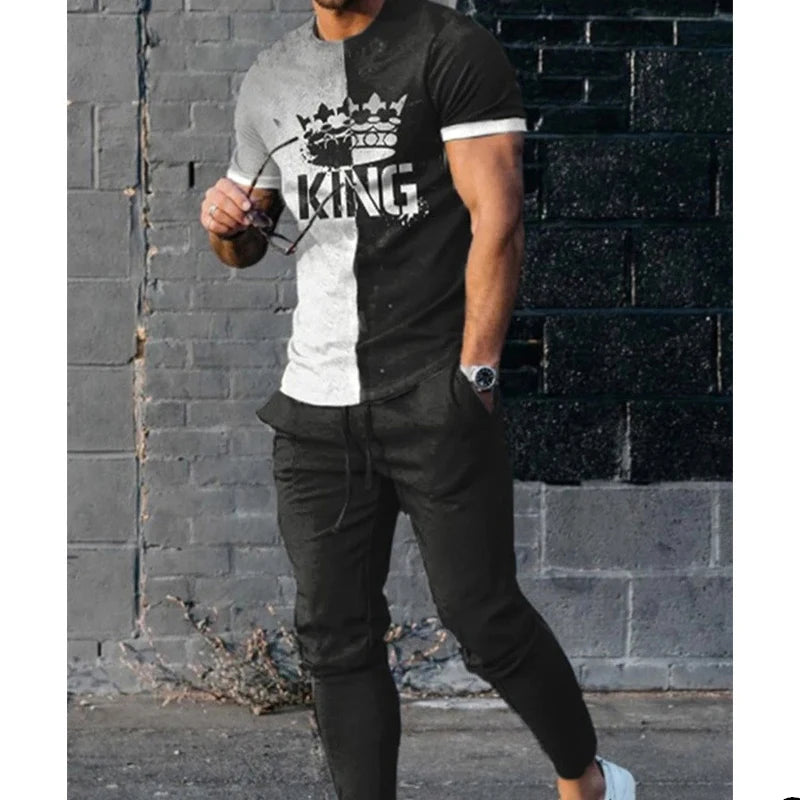 King Letter 3D Print T-Shirts Sweatpants Sets Men's Fashion Tracksuit Oversized Short Sleeve T Shirt Trousers Set Suits Clothing