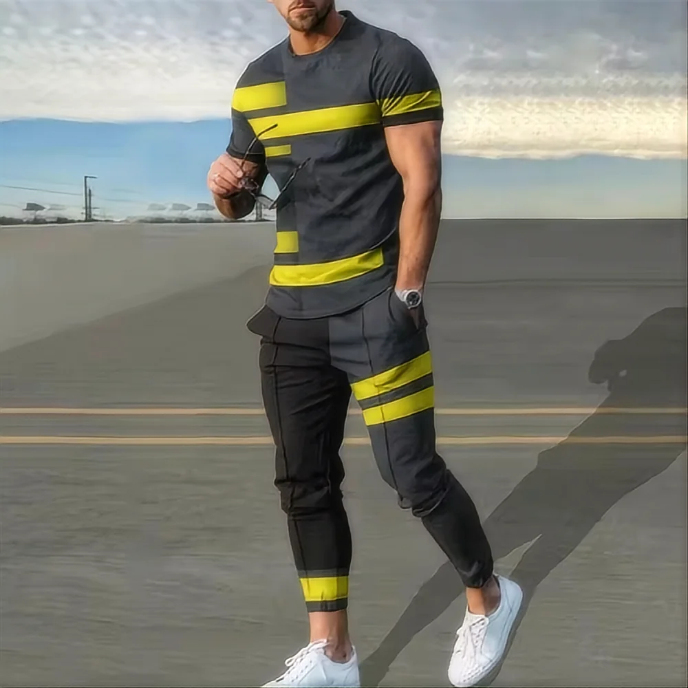 Summer men's sportswear set short sleeved T-shirt long pants two-piece set men's sportswear 3D printed casual trend oversized