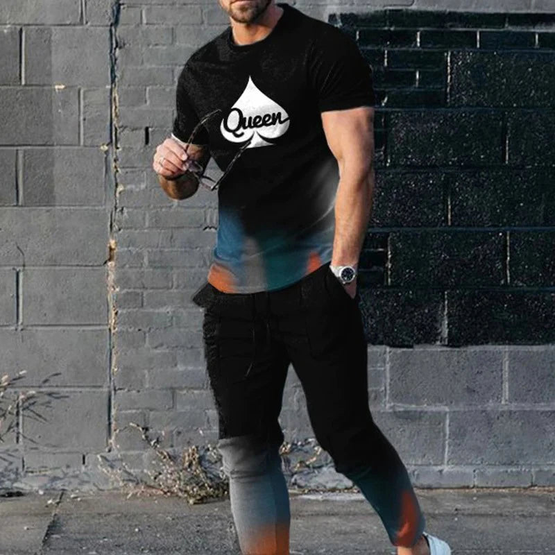 King Letter 3D Print T-Shirts Sweatpants Sets Men's Fashion Tracksuit Oversized Short Sleeve T Shirt Trousers Set Suits Clothing