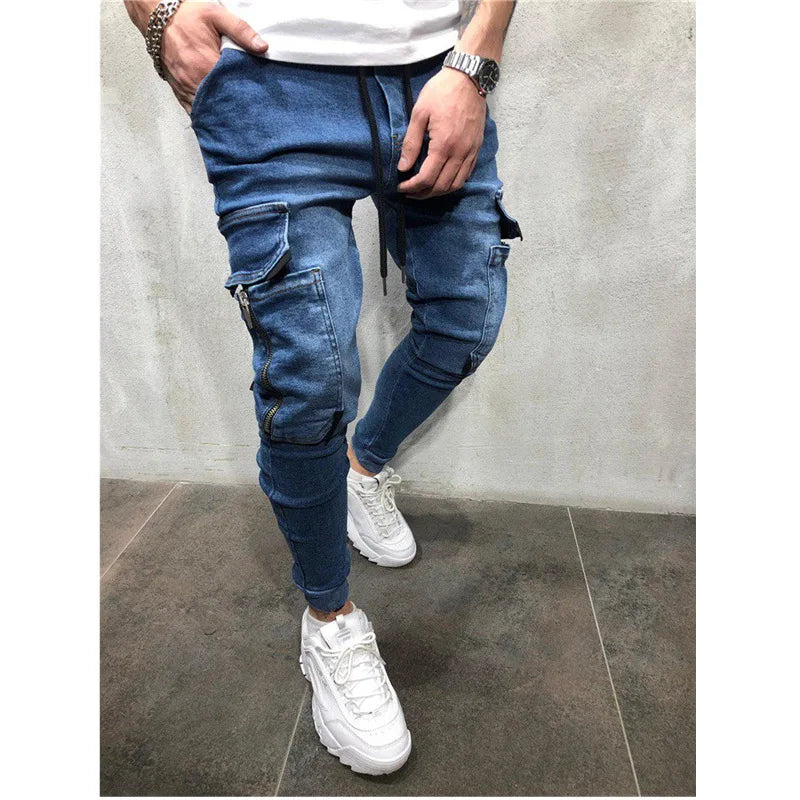 Man Pants Retro Washing Zipper Stretch Jeans Casual Slim Fit Trousers Male Plus Size Pencil Pants Denim Skinny Jeans for Men