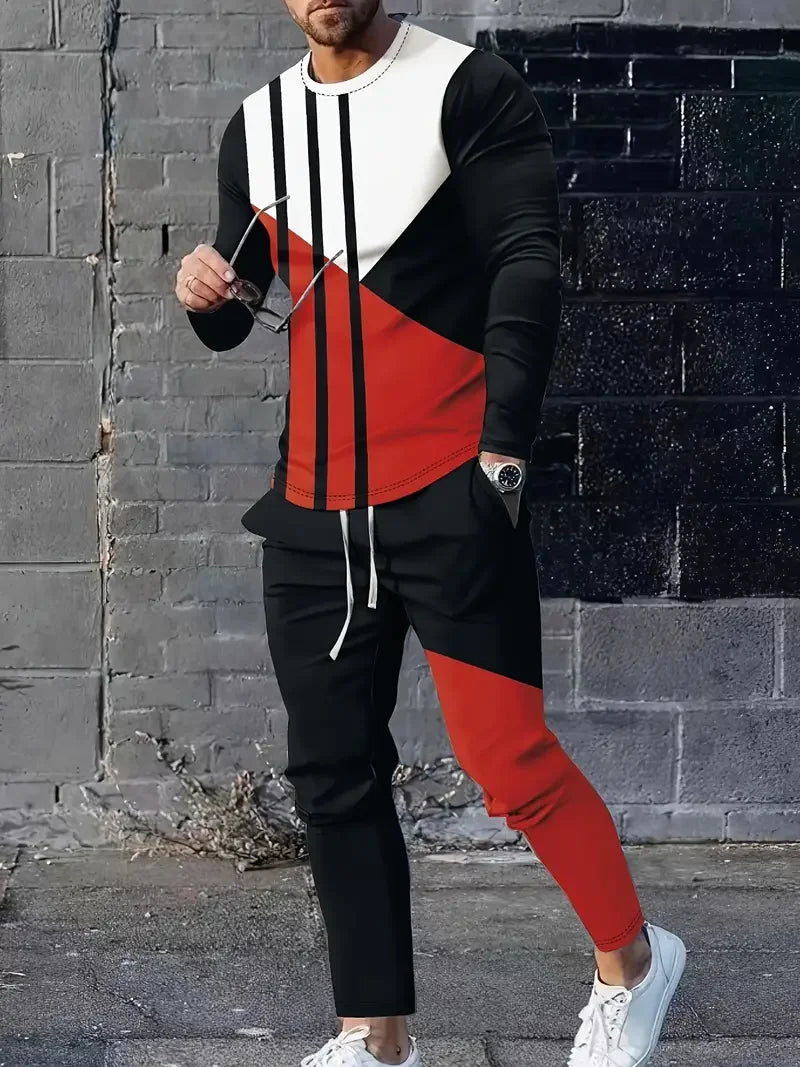 Spring And Fall Men's Long Sleeve Pant 2pcs Sets Red And Blue Striped 3D Print Man Set Everyday Fashion Men Long Sleeved T-shirt