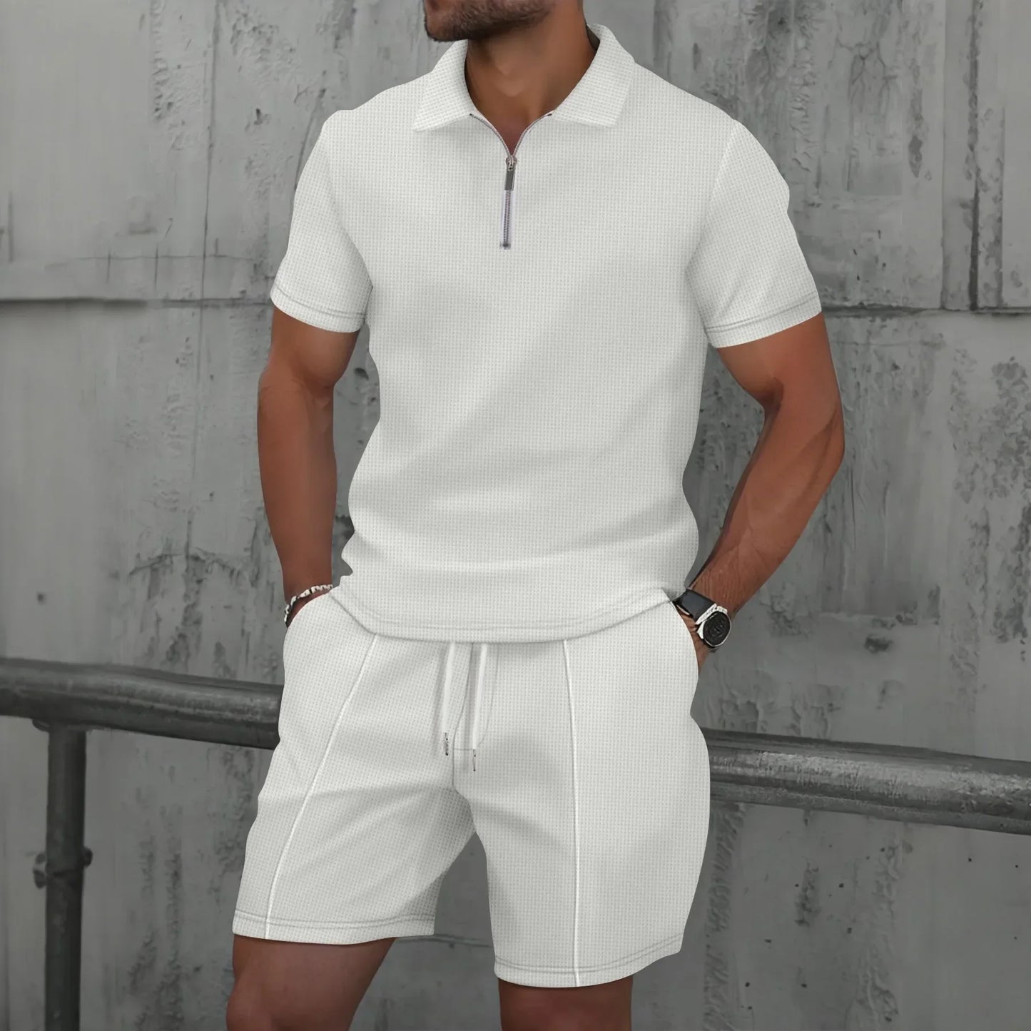 Summer Men Sports Polo Suit Short Sleeve Stylish Zipper Polo Shirt And Shorts Set Men Casual Streetwear 2-pie Leisure Sports Set