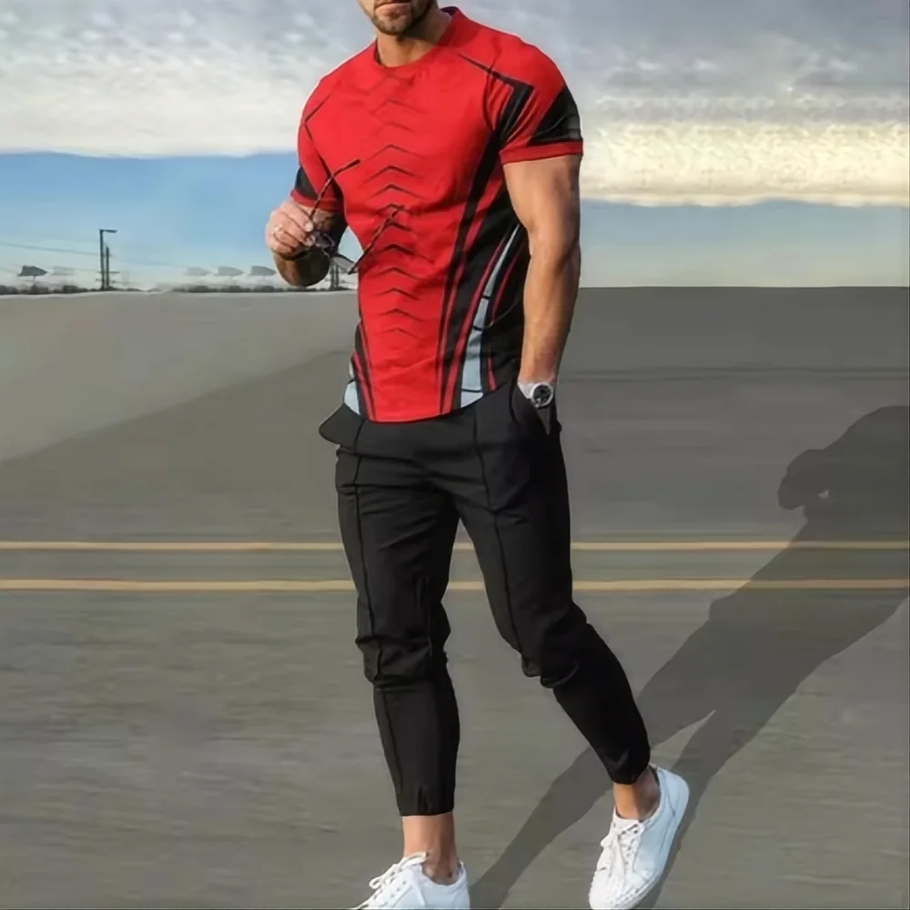 Summer men's sportswear set short sleeved T-shirt long pants two-piece set men's sportswear 3D printed casual trend oversized