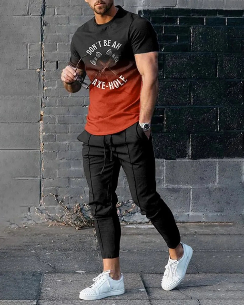 Summer Men's Fashion Gradient Splicing Printed Soft and Breathable Round Neck T-shirt Pants Set Outdoor Casual Clothing