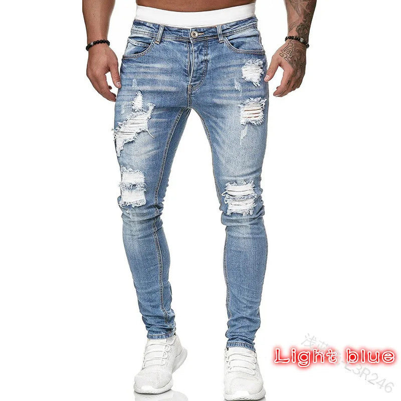 Man Pants Retro Washing Zipper Stretch Jeans Casual Slim Fit Trousers Male Plus Size Pencil Pants Denim Skinny Jeans for Men