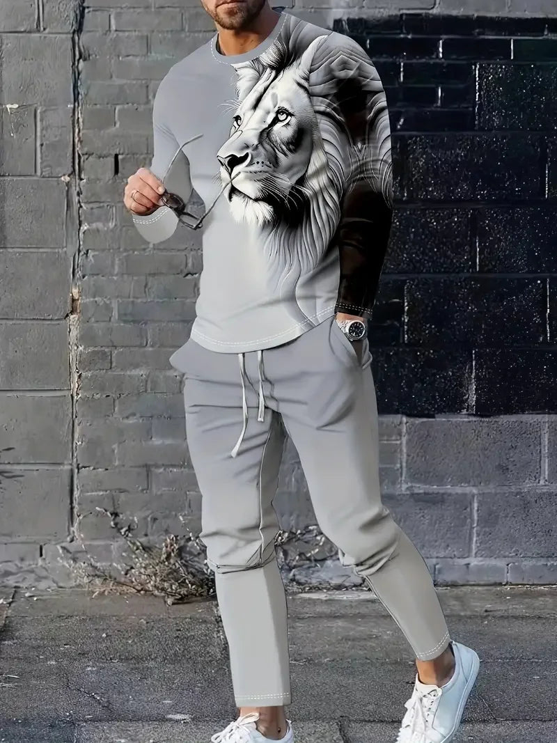 Spring And Fall Men's Long Sleeve Pant 2pcs Sets Red And Blue Striped 3D Print Man Set Everyday Fashion Men Long Sleeved T-shirt