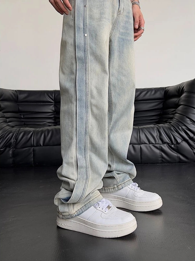 Jeans for Men Loose Light Blue Baggy Straight Man Cowboy Pants Punk Spliced Y2k Vintage Trousers 2025 Korean Autumn Trend Cotton