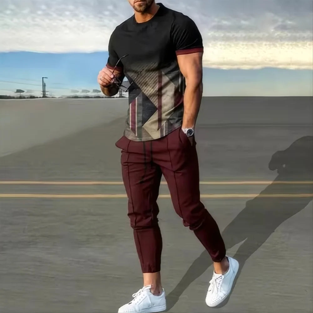 Summer men's sportswear set short sleeved T-shirt long pants two-piece set men's sportswear 3D printed casual trend oversized