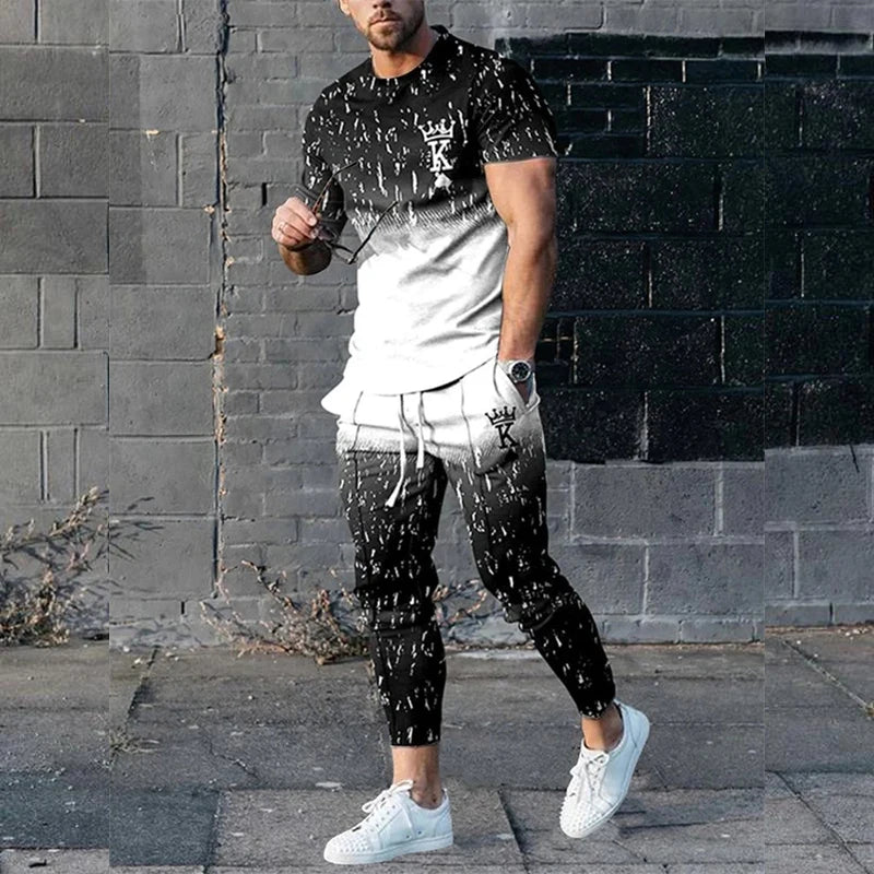 King Letter 3D Print T-Shirts Sweatpants Sets Men's Fashion Tracksuit Oversized Short Sleeve T Shirt Trousers Set Suits Clothing