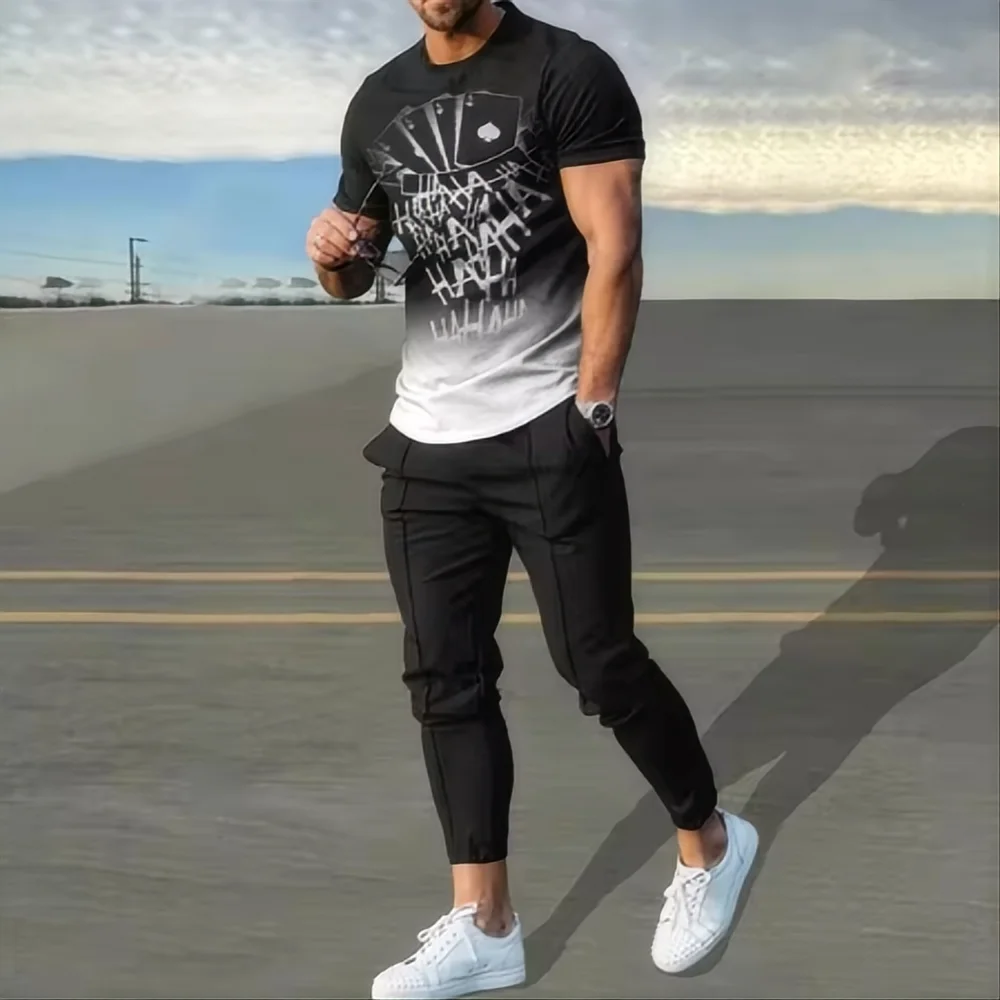 Summer men's sportswear set short sleeved T-shirt long pants two-piece set men's sportswear 3D printed casual trend oversized