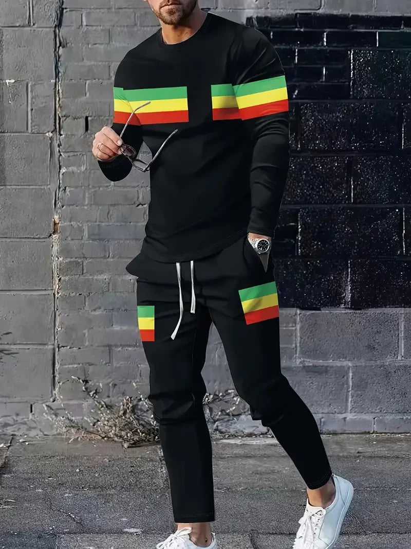 Spring And Fall Men's Long Sleeve Pant 2pcs Sets Red And Blue Striped 3D Print Man Set Everyday Fashion Men Long Sleeved T-shirt