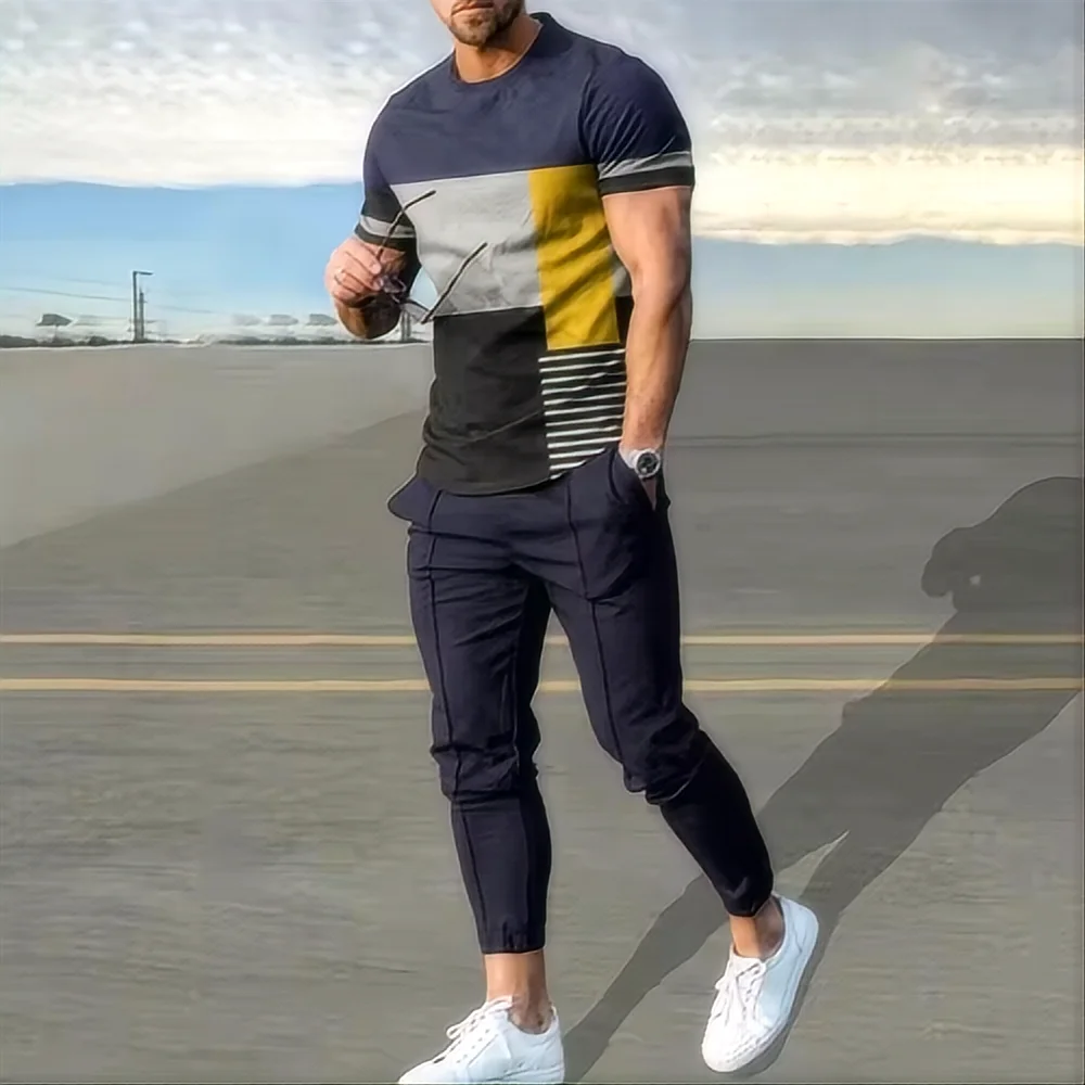 Summer men's sportswear set short sleeved T-shirt long pants two-piece set men's sportswear 3D printed casual trend oversized