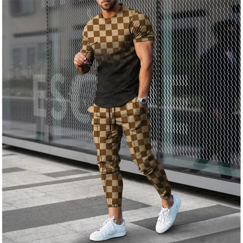 Summer Men's Fashion Gradient Splicing Printed Soft and Breathable Round Neck T-shirt Pants Set Outdoor Casual Clothing