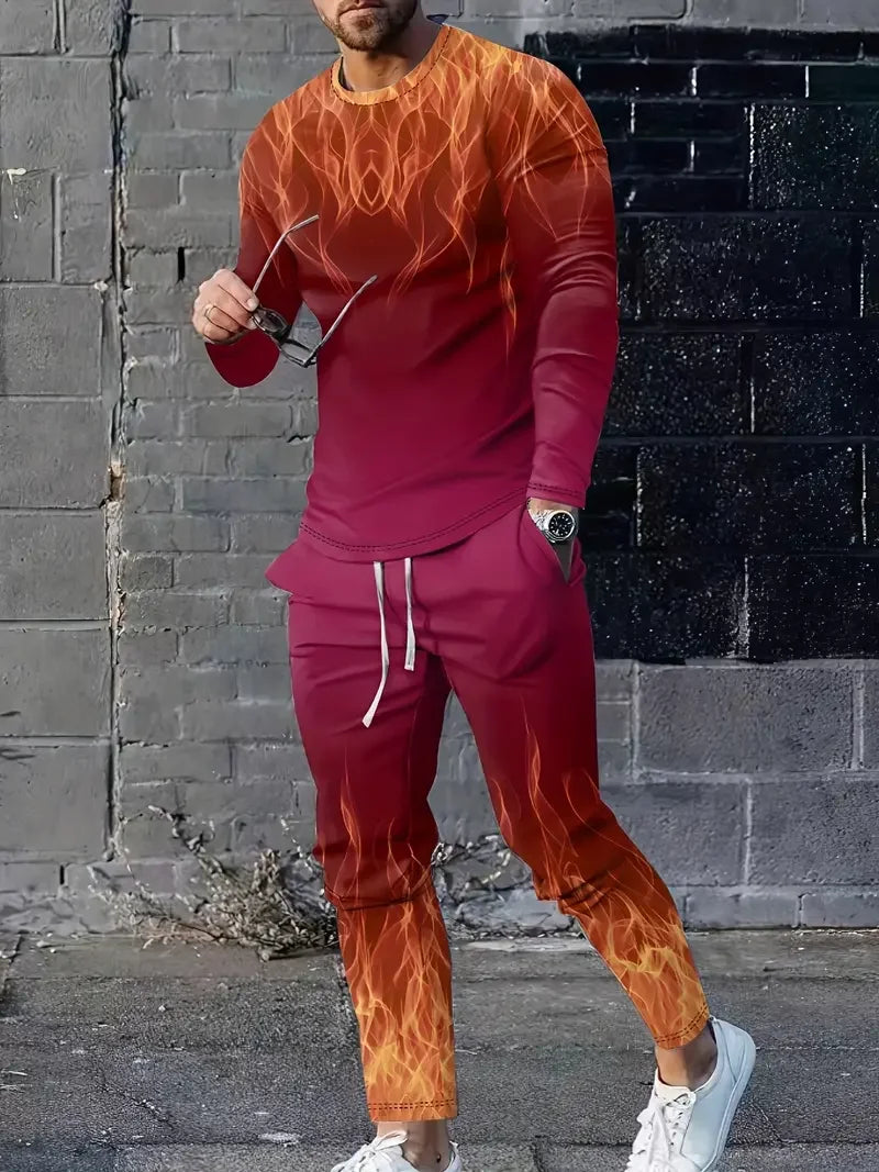 Spring And Fall Men's Long Sleeve Pant 2pcs Sets Red And Blue Striped 3D Print Man Set Everyday Fashion Men Long Sleeved T-shirt