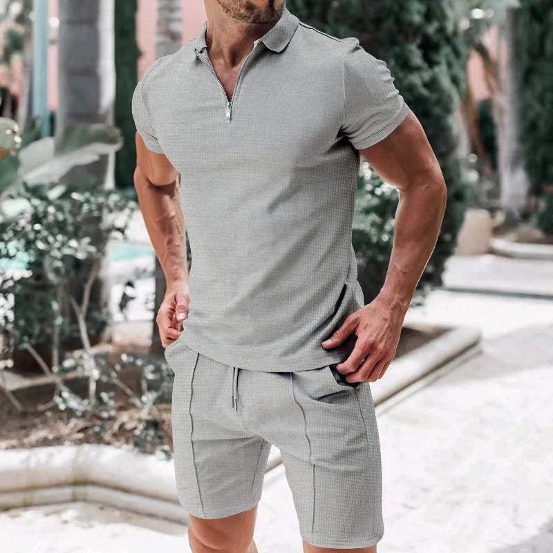 Summer Men Sports Polo Suit Short Sleeve Stylish Zipper Polo Shirt And Shorts Set Men Casual Streetwear 2-pie Leisure Sports Set