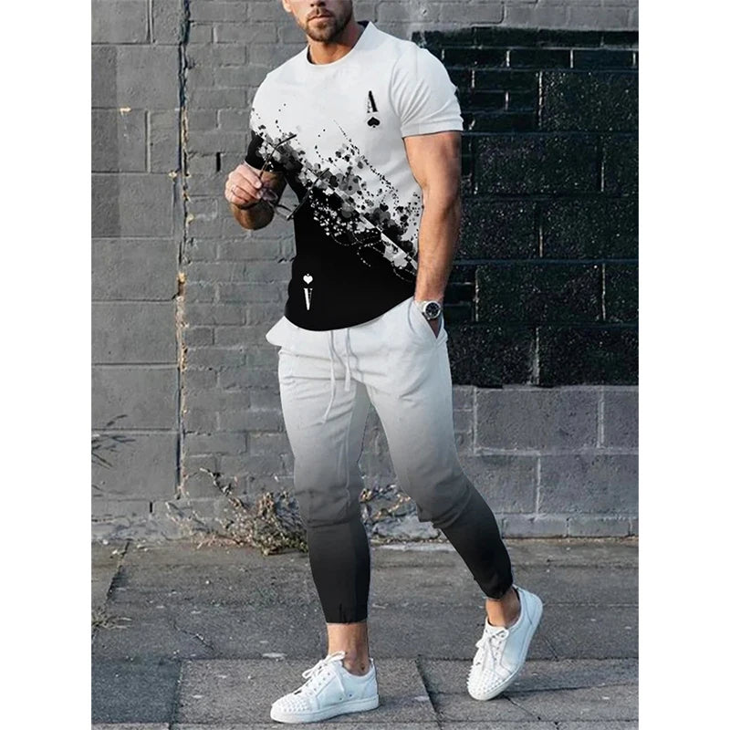 King Letter 3D Print T-Shirts Sweatpants Sets Men's Fashion Tracksuit Oversized Short Sleeve T Shirt Trousers Set Suits Clothing