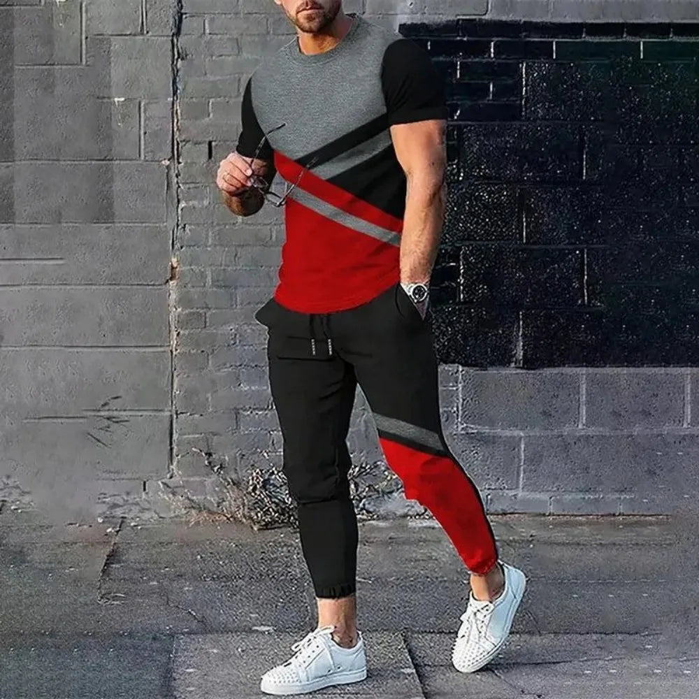 Summer Men's Fashion Gradient Splicing Printed Soft and Breathable Round Neck T-shirt Pants Set Outdoor Casual Clothing